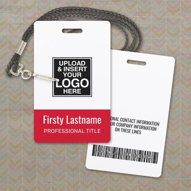 Company Logo - RED - Name Title Bar Code Custom ID ID Badge (Logo Name Badge with Optional Lanyard)
