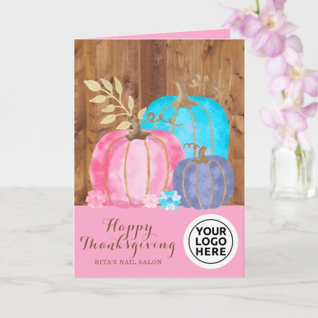 Company Logo Rustic Pink Thanksgiving Pumpkins Card (Orchid)