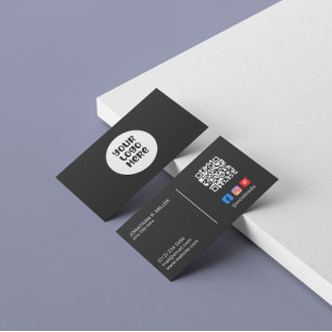 Company Logo Social Media QR Code Black Elegant Business Card