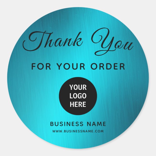 Company Logo Thank You Teal Metallic Brush Classic Round Sticker (Front)