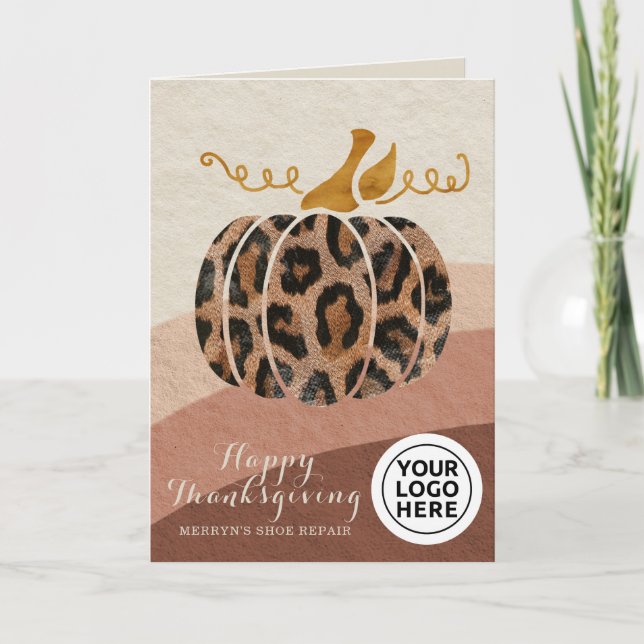 Company Logo Thanksgiving Boho Leopard Pumpkin Card (Front)