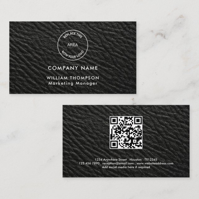 Company Name Logo QR Code Black Faux leather Business Card (Front/Back)