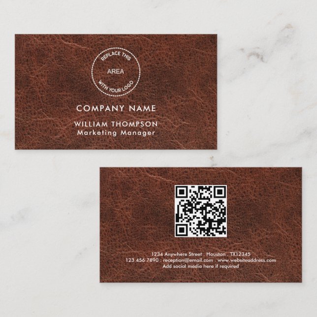 Company Name Logo QR Code Brown Faux leather Business Card (Front/Back)