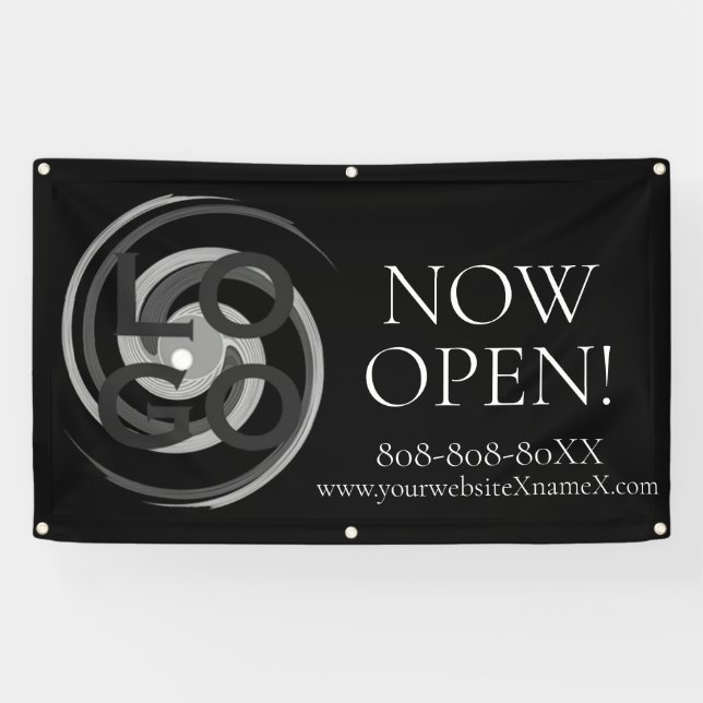Company or Business Custom Logo Now Open on Black Banner (Horizontal)