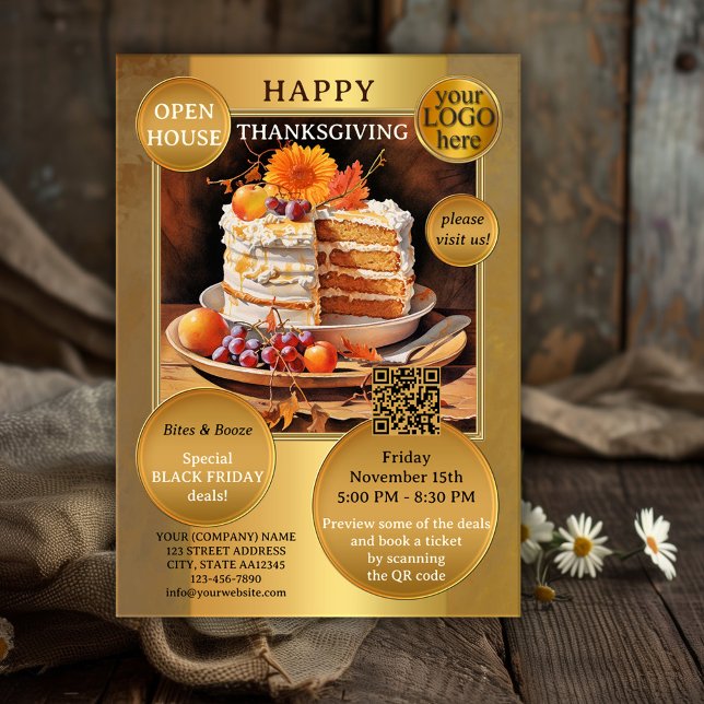Company Thanksgiving Black Friday Open House Invitation (Thanksgiving Black Friday open house invitation featuring a cake with fall flowers and fruits + QR)