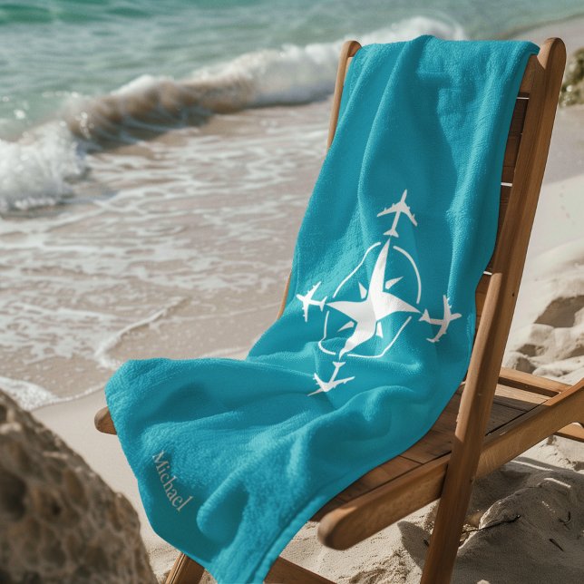 Compass Aeroplane Travel Simple Blue Custom Beach Towel (Creator Uploaded)