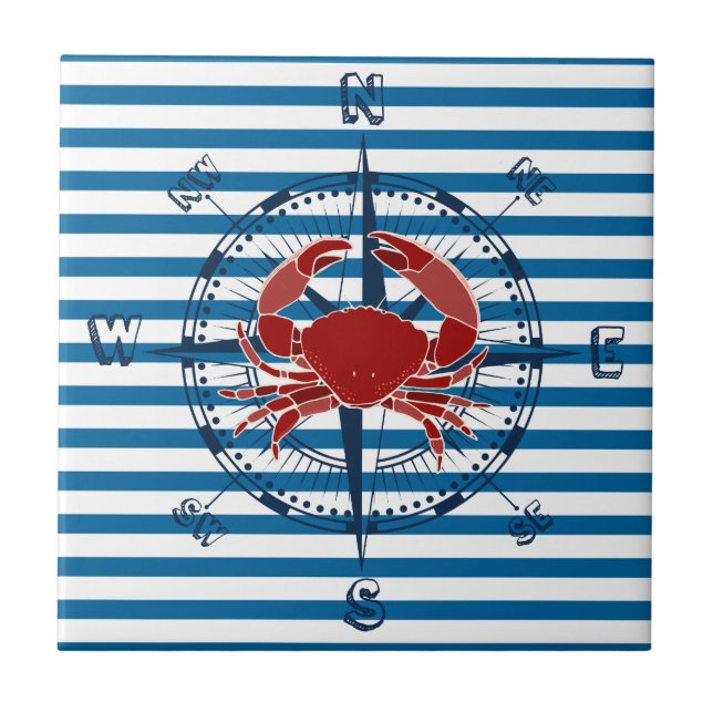 Compass and Crab Blue and White Stripe Tile (Front)