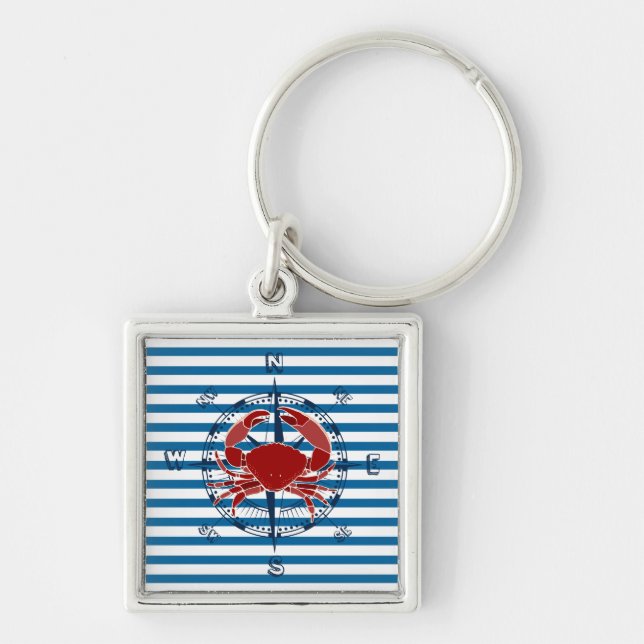 Compass and Red Crab Blue and White Stripe Key Ring (Front)