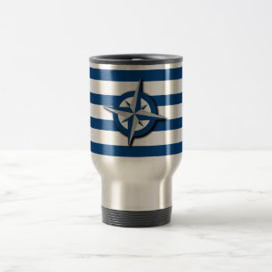 Compass and Stripes Pattern Nautical Inspired Travel Mug