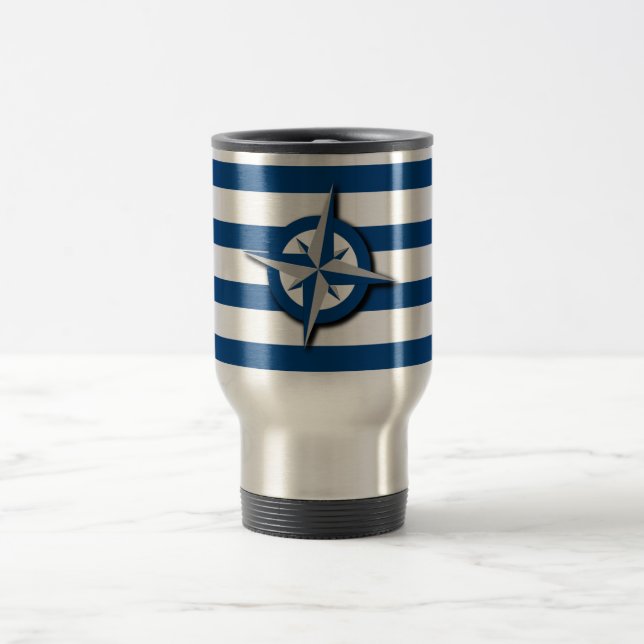 Compass and Stripes Pattern Nautical Inspired Travel Mug (Center)