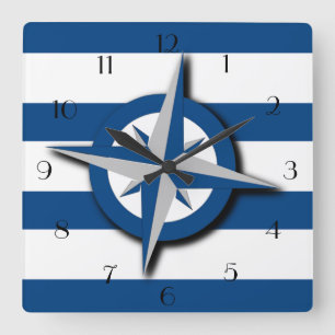 Compass and Wide Stripes Pattern Nautical Inspired Square Wall Clock