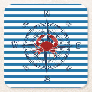 Compass Blue and White Strip Paper Coasters