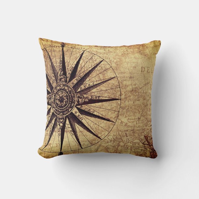 Compass Discovery Age World Map Vintage Cushion (Front)