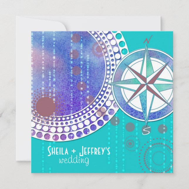 Compass & Geometric Shapes Aqua Wedding Invitation (Front)