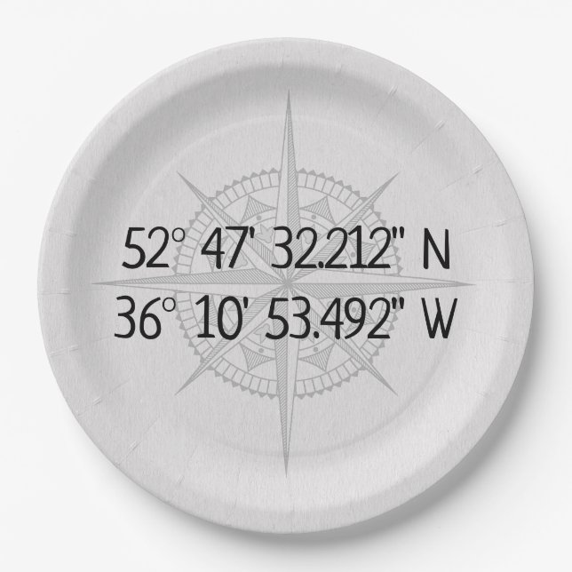 Compass GPS Home Coordinates  Paper Plate (Front)