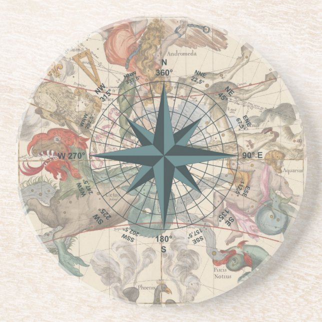 Compass on an Ancient Map Coaster (Front)