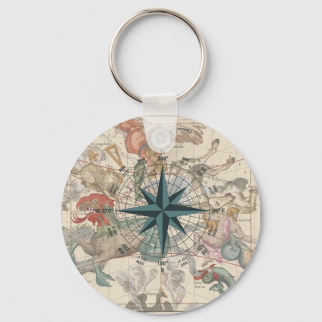 Compass on an Ancient Map Key Ring (Front)