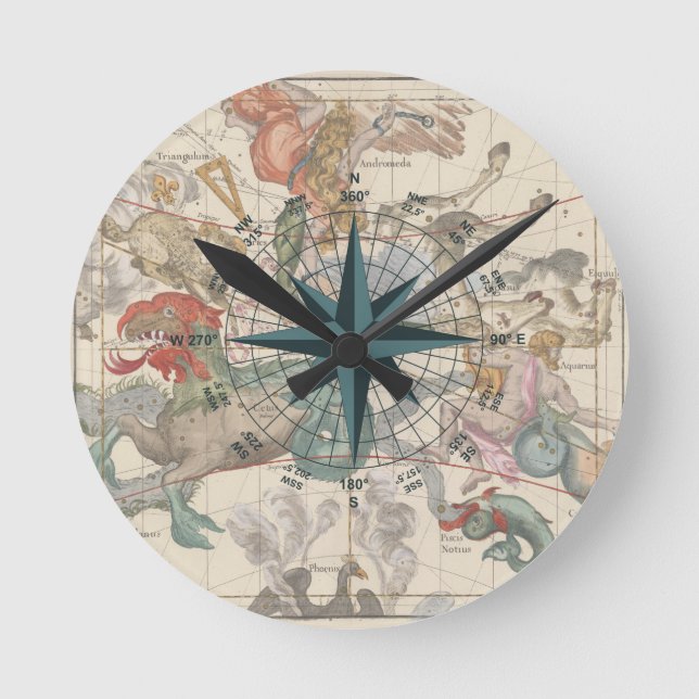 Compass on an Ancient Map Round Clock (Front)