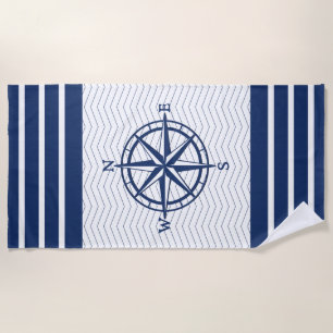 Compass on White with Blue Stripes Beach Towel