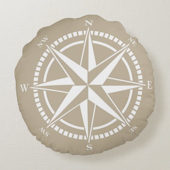 Compass Rose Beige Nautical Round Cushion (Back)