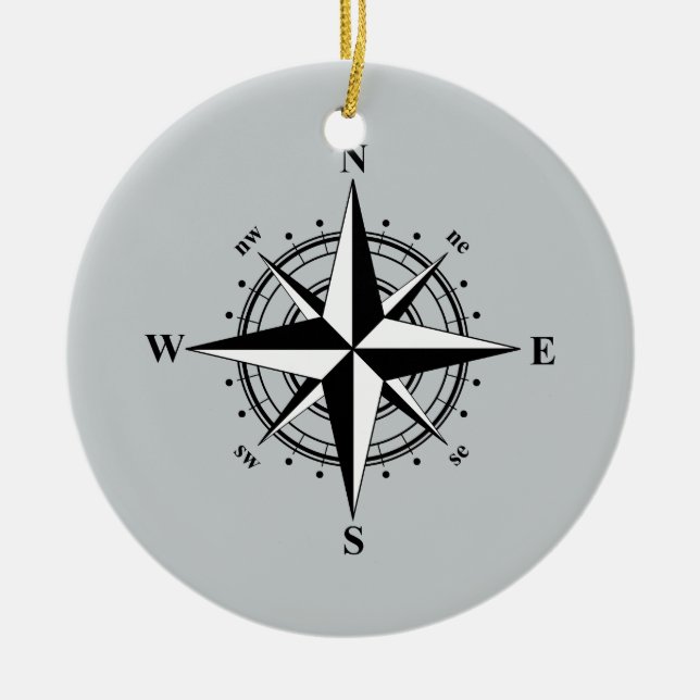 Compass Rose Black & White Ceramic Tree Decoration (Front)