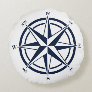 Compass Rose Blue Nautical Round Cushion