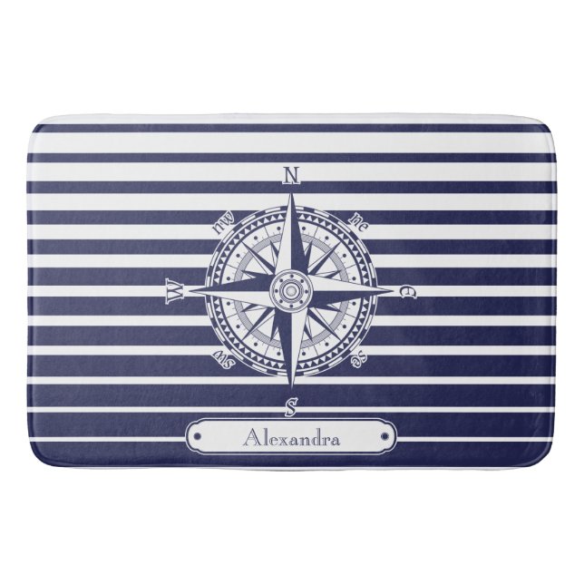 Compass Rose Blue Stripes Bath Mat (Front)