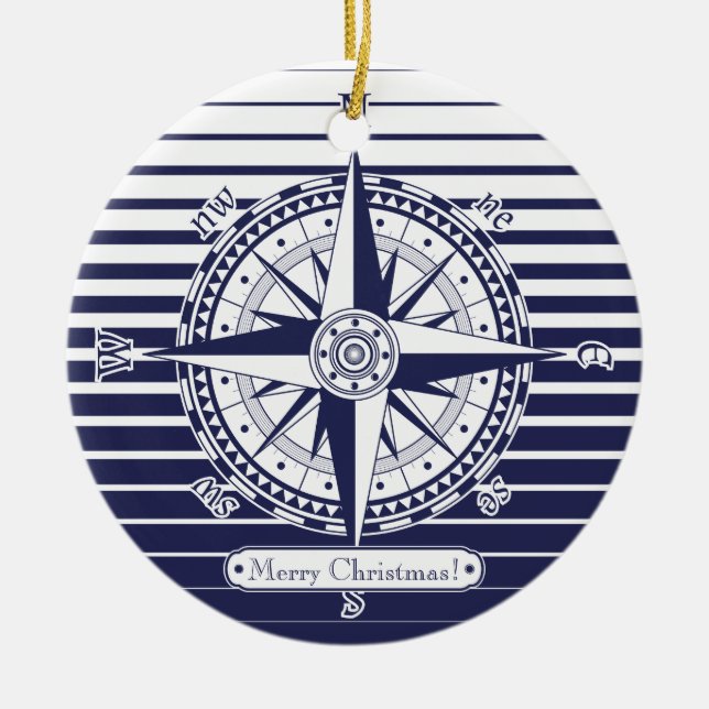Compass Rose Blue Stripes Ceramic Tree Decoration (Front)