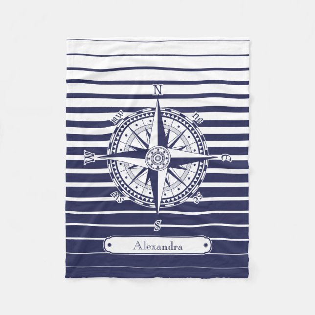 Compass Rose Blue Stripes Fleece Blanket (Front)