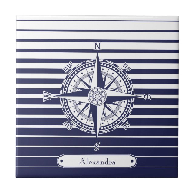 Compass Rose Blue Stripes Tile (Front)