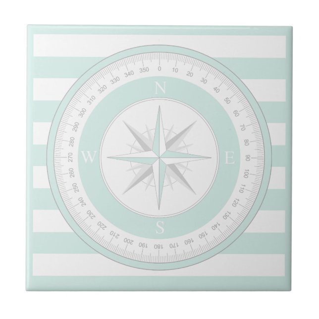 Compass Rose Mint Blue and White Stripes Tile (Front)