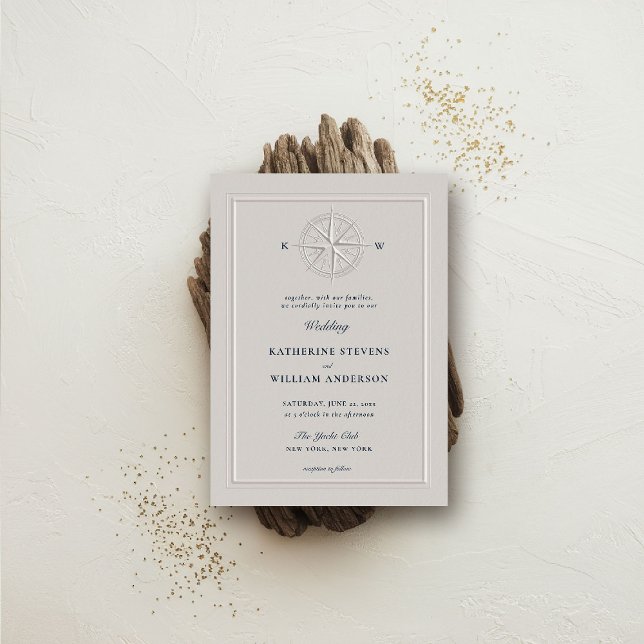 Compass Rose Nautical Coastal Formal Pearl Wedding Invitation (nautical wedding invitation compass rose modern classicformal traditional beach ocean coastal pearl)