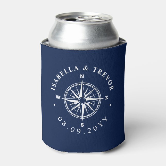 Compass Rose Nautical Wedding Can Cooler (Can Front)