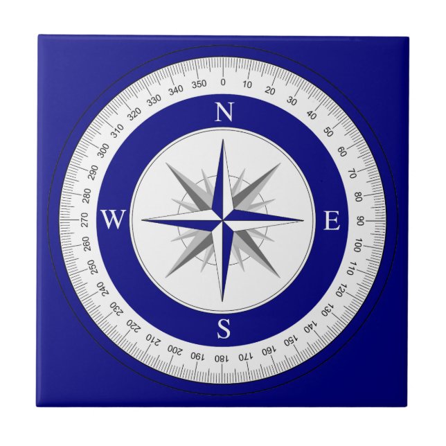 Compass Rose Navy Dark Blue and White Nautical Tile (Front)