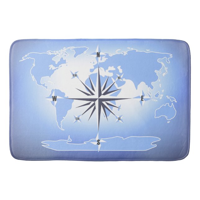 Compass Rose Sailing Ocean Blue Bath Mat (Front)