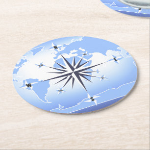 Compass Rose Sailing Ocean Blue Round Coaster