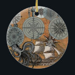 Compass Rose Vintage Nautical Octopus Ceramic Tree Decoration<br><div class="desc">A vintage collection of old compass rose drawings,  a nautical sailing ship,  and of course a really big octopus. Vintage artwork print drawing collage.</div>