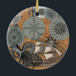 Compass Rose Vintage Nautical Octopus Ceramic Tree Decoration<br><div class="desc">A vintage collection of old compass rose drawings,  a nautical sailing ship,  and of course a really big octopus. Vintage artwork print drawing collage.</div>