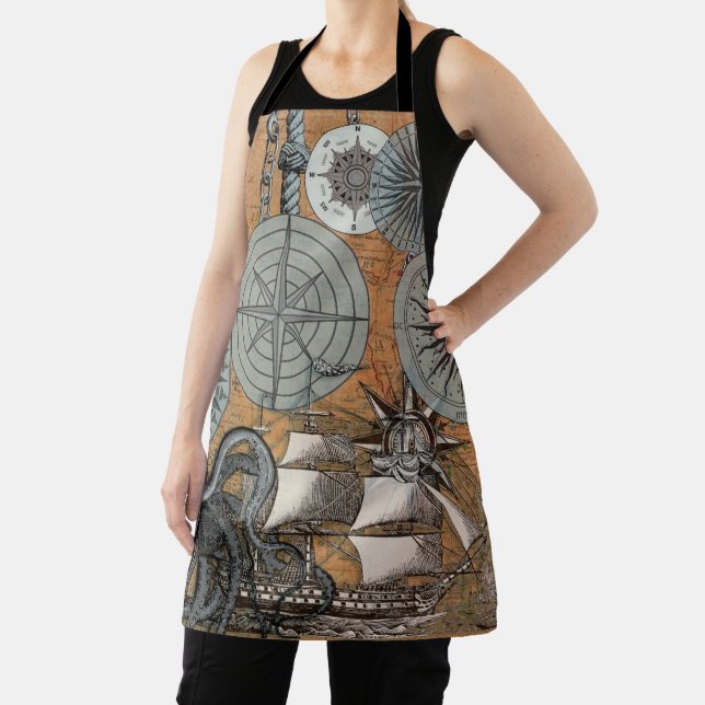 Compass Rose Vintage Nautical Octopus Ship Apron (Insitu)