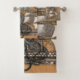 Compass Rose Vintage Nautical Octopus Ship Bath Towel Set