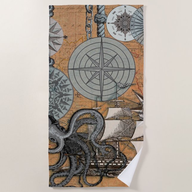 Compass Rose Vintage Nautical Octopus Ship Beach Towel (Front)
