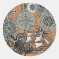 Compass Rose Vintage Nautical Octopus Ship
