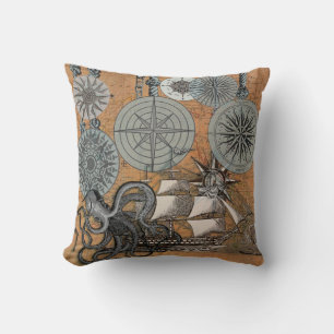 Compass Rose Vintage Nautical Octopus Ship Cushion
