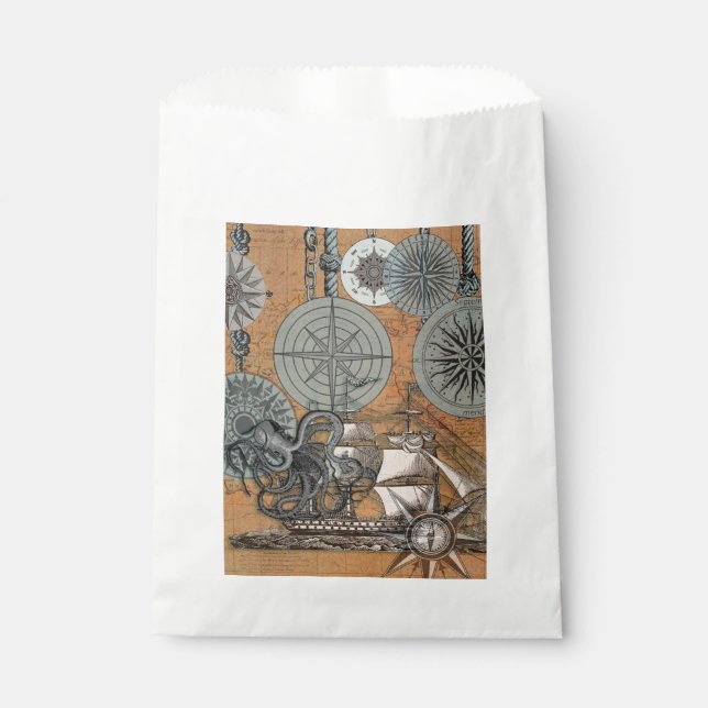 Compass Rose Vintage Nautical Octopus Ship Favour Bags (Front)