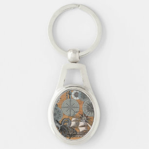 Compass Rose Vintage Nautical Octopus Ship Key Ring
