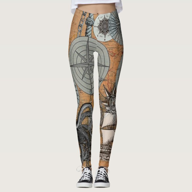 Compass Rose Vintage Nautical Octopus Ship Leggings (Front)