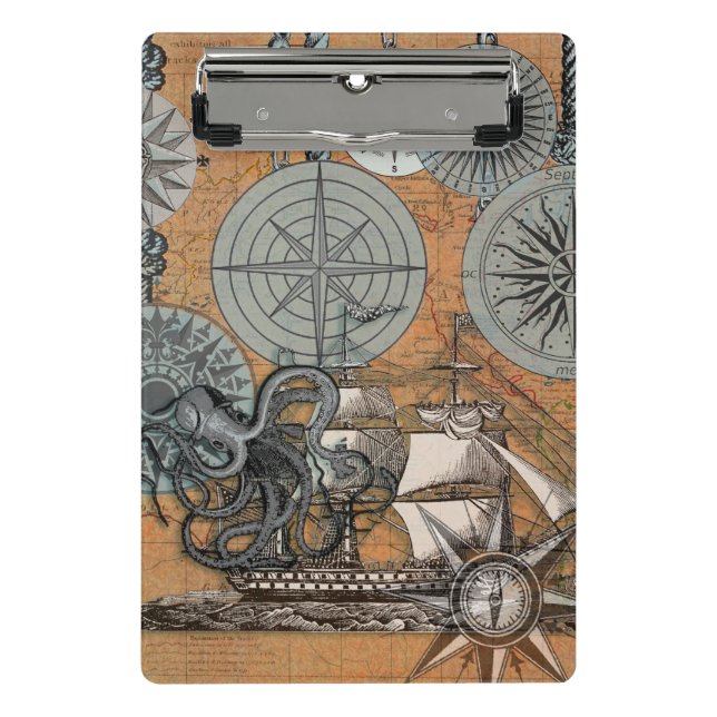 Compass Rose Vintage Nautical Octopus Ship Mini Clipboard (Front)