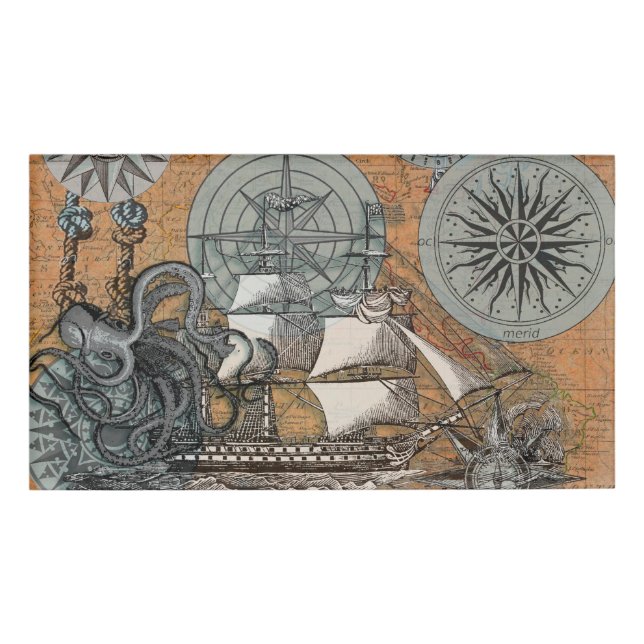 Compass Rose Vintage Nautical Octopus Ship Name Tag (Front)