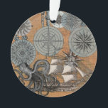 Compass Rose Vintage Nautical Octopus Ship Ornament<br><div class="desc">A vintage collection of old compass rose drawings,  a nautical sailing ship,  and of course a really big octopus sea monster. A classic old world sailing theme. Vintage artwork print drawing collage.</div>