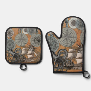Compass Rose Vintage Nautical Octopus Ship Oven Mitt & Pot Holder Set